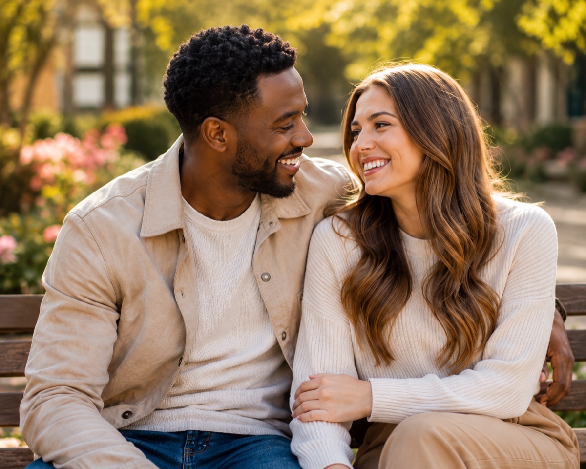 A couple smiling together outdoors